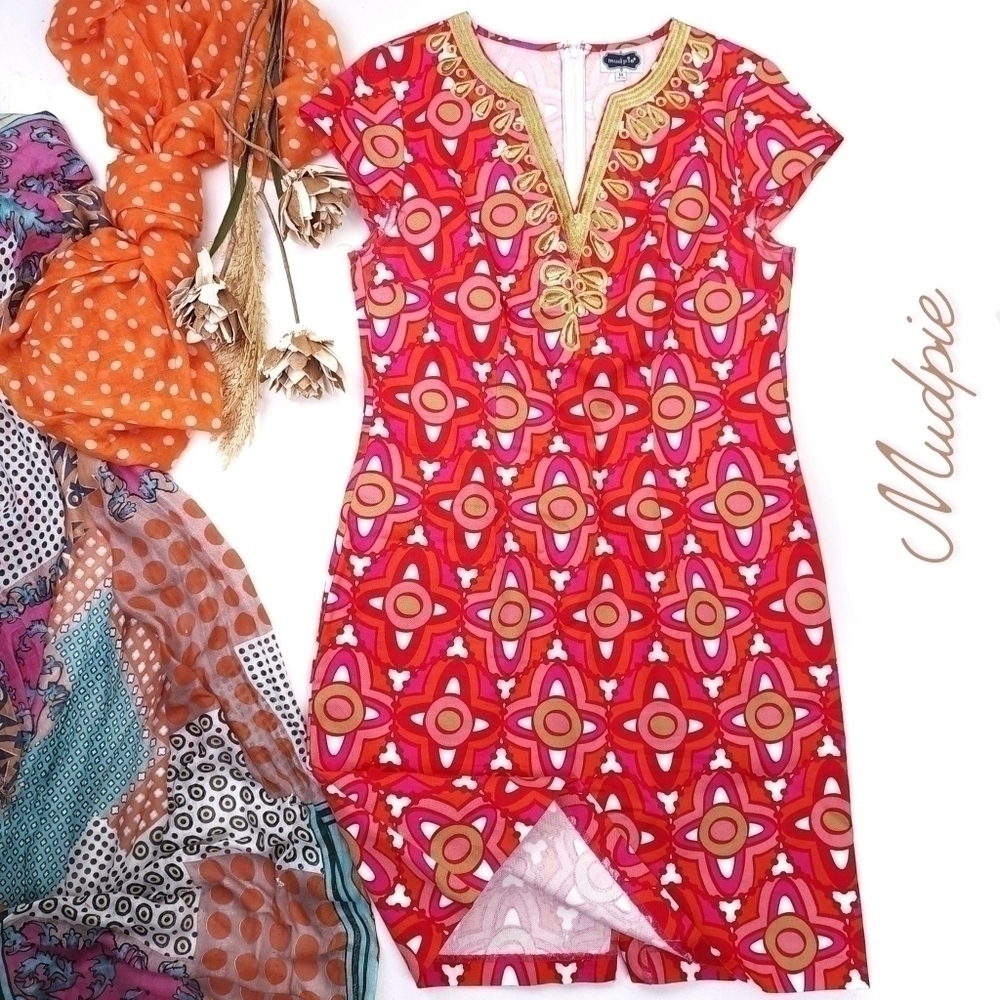 Mudpie Red Gold Embroidered Dress Sz M
